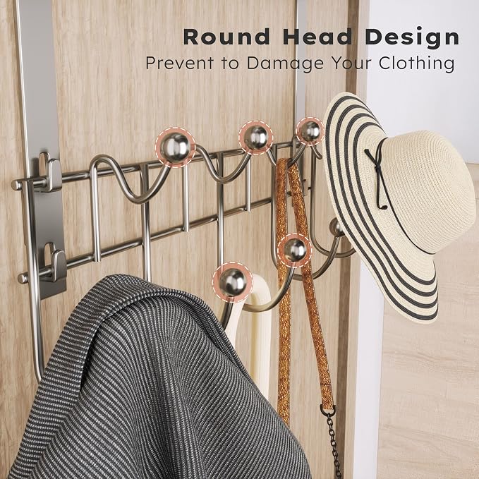 Consumest Over The Door Hooks Organizer - 3 Tier Door Hanger with 9 Coat Hooks & 2 Mesh Basket, Back Storage Organizer Hanging Towels for Bathroom, Bedroom, Sand Nickel