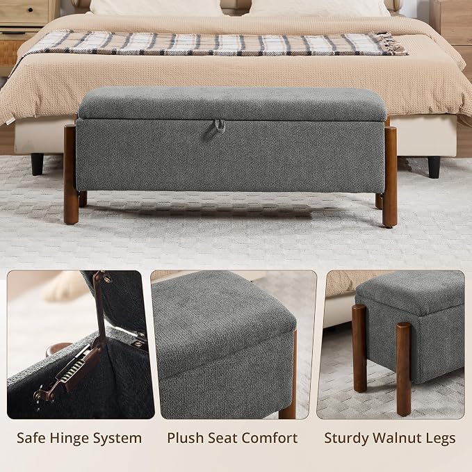47'' Modern Storage Ottoman Benches with Walnut Wood Legs Ottoman Bench with 22 Gallons Storage Space Fabric Upholstered Seating End of Bed Bench for Bedroom for Livingroom Darkgrey
