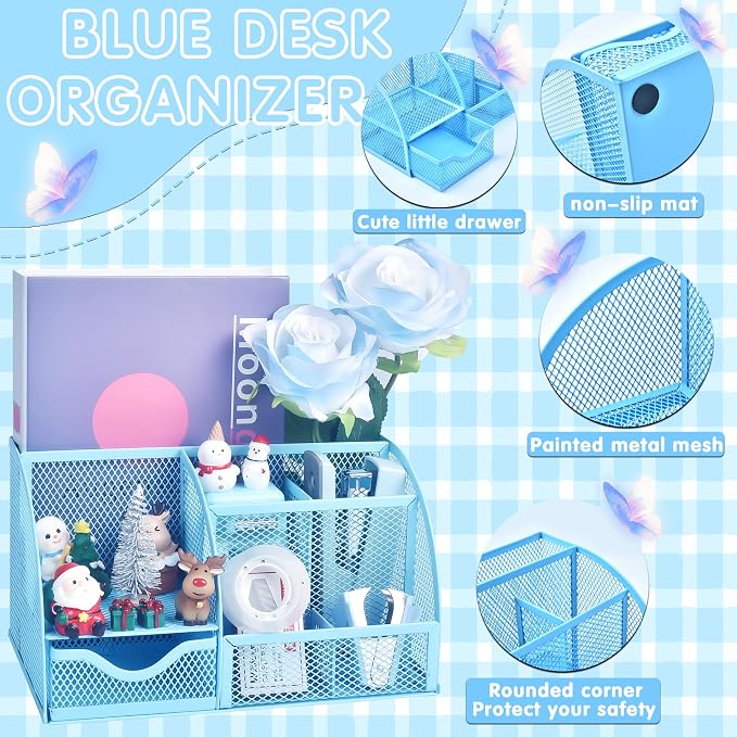Blue Desk Accessories, 26Pcs Office Supplies and Desk Organizers, with Tape Dispenser, Stapler, Staple Remover, Ect, Gift Box Packaging