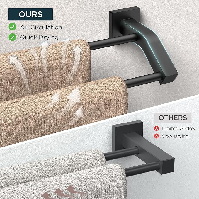 FORIOUS Double Towel Bar 30 Inch, Bathroom Towel Rack Square Matte Black | Heavy Duty Towel Racks for Bathroom Bedroom, Space Saving, Rustproof, Stainless Steel Towel Holder, Total Length 32 Inch