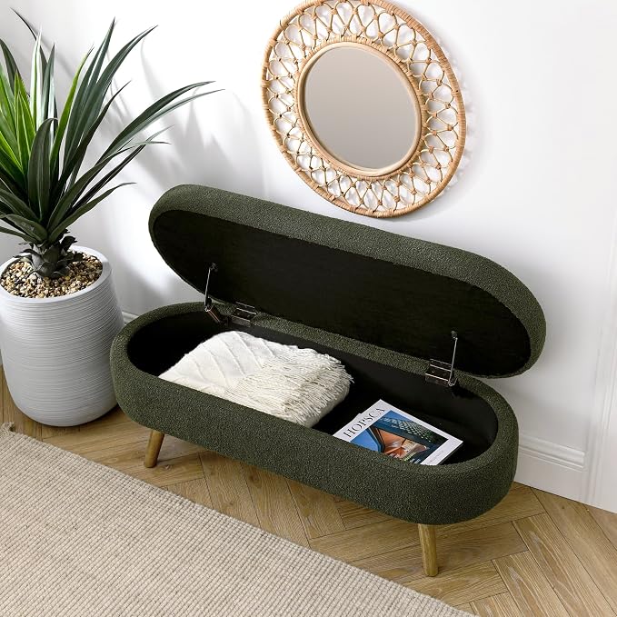 43.5” Storage Ottoman Bench，Upholstered Oval End of Bed Bench for Bedroom | Modern Linen Ottoman with Storage, Entryway Foot Rest with Wooden Legs, Lift-Top Lid with Safety Hinge, Living Room, Green