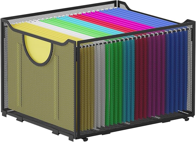 EasyPAG Hanging File Folders Organizer, Black Mesh Filing Crate, Stackable File Folder Storage Box, Desktop Document Holder for Letter Size Papers