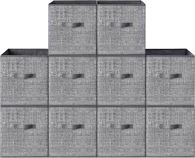 SONGMICS HOME Foldable Storage Cubes Set of 10, Fabric Shelf Organizer Bins with Handles, Closet Storage Boxes for Clothes, 10.4 x 10.4 x 11.2 Inches, Gray