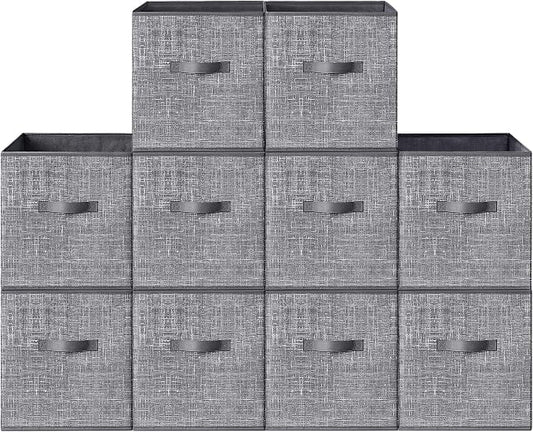 SONGMICS HOME Foldable Storage Cubes Set of 10, Fabric Shelf Organizer Bins with Handles, Closet Storage Boxes for Clothes, 10.4 x 10.4 x 11.2 Inches, Gray