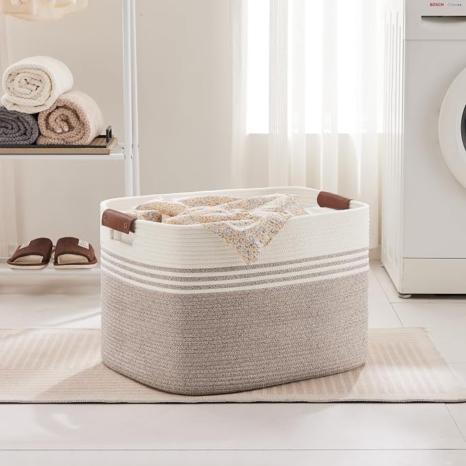 100L Large Woven Laundry Basket Hamper with Leather Handles,Brown | collapsible wicker hamper, storage for dirty clothes, toys, blankets, gifts, living room, bedroom, bathroom, 24"x16"x16"