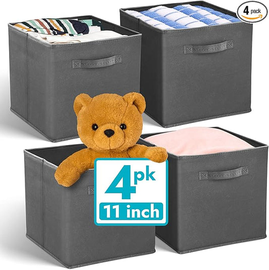 Reli. Storage Cubes (4 Pack) | Dark Gray Fabric Cube Bins 11"x11" | Collapsible Organizer | Reinforced Handles | Space-Saving Foldable Design | Children's Toys, Clothes, Craft Supplies, Linens