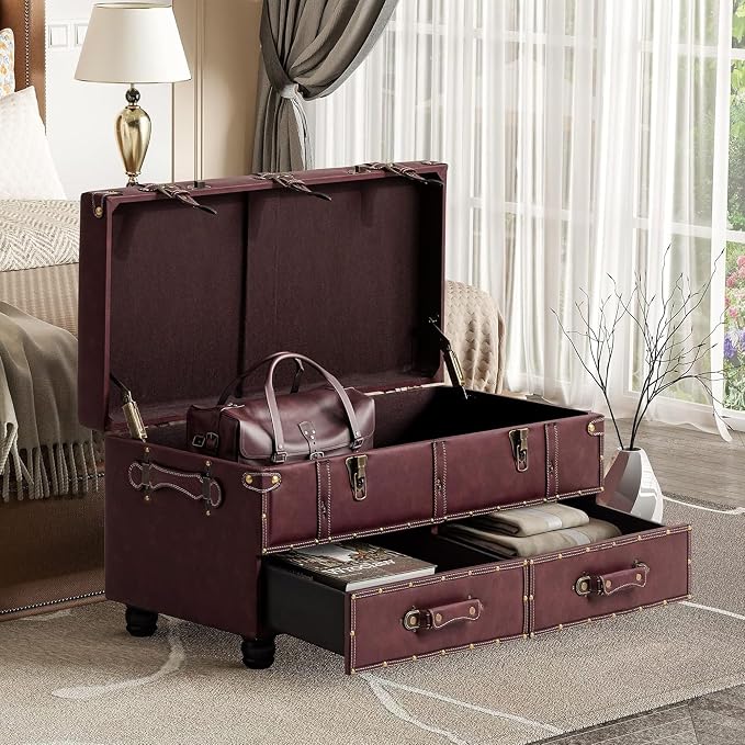 COZAYH - Storage Ottoman Bench Set of 2 - Dark Magenta | Faux Leather Upholstery, 31.5 in x 15.75 in x 17.25 in, Hinged Lid With Latch, 250 lb Capacity, Attach Legs Assembly