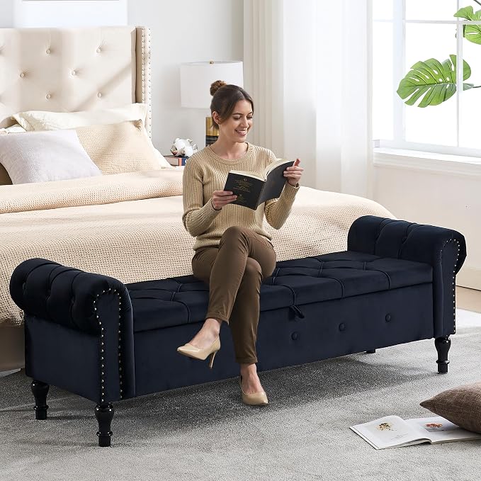 Storage Bench 67" Velvet End of Bed Benches Black | King Size Storage Bench for Bedroom with Rolled Arms Tufted Ottoman Benches Upholstered Bench for Living Room Entryway