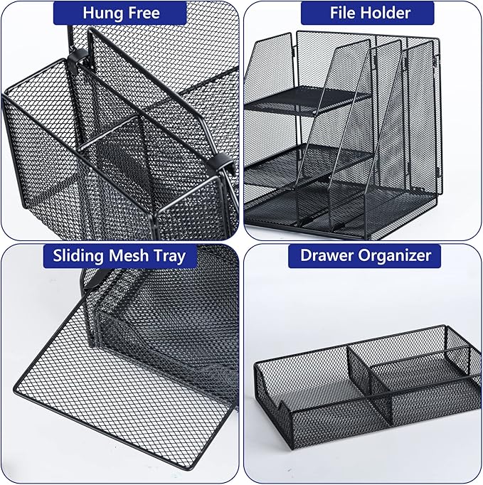 Topwey Desk Organizer, File Organizer for Desk with 2-Tier Paper Letter Tray, Drawer and 2 Pen Holder, Mesh Desktop Organization with Magazine Holder for Office Supplies