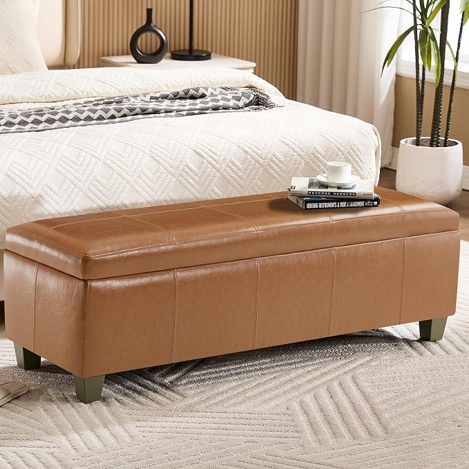 WUTUTUEE 51" Faux Leather Storage Ottoman, Stitch Tufted Rectangle Upholstered End of Bed Storage Bench, Entryway Large Couch Ottoman with Wooden Legs, Light Brown