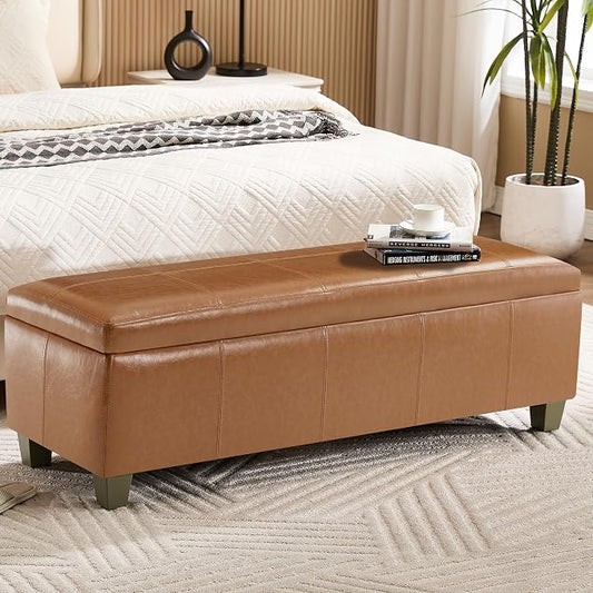 WUTUTUEE 51" Faux Leather Storage Ottoman, Stitch Tufted Rectangle Upholstered End of Bed Storage Bench, Entryway Large Couch Ottoman with Wooden Legs, Light Brown