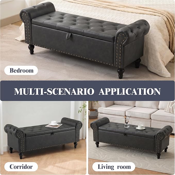 51" Storage Bench for Bedroom, Upholstered Ottoman Bench, Leather DarkGray | End of Bed Bench for Bedroom, Window Benches for Living Room, Entryway, Ottoman with Large Storage Space, Pet Friendly