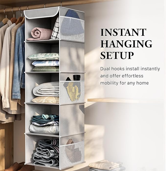 Simple Houseware 5 Shelf Hanging Closet Organizer, Gray | 360° Rotating Dual Hooks, Top Support Metal Frame, 6 Side Mesh Pockets