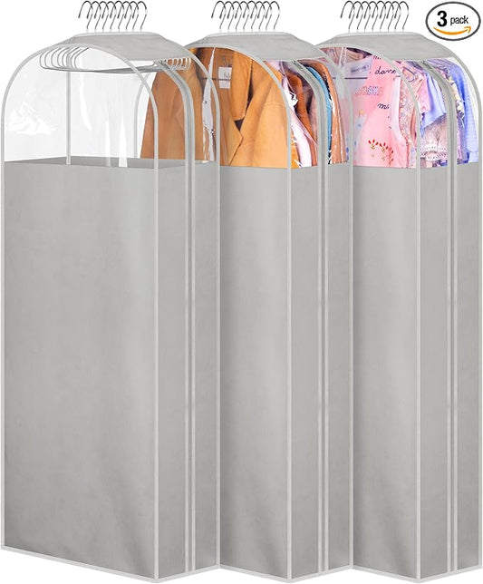 MISSLO 10" Gusseted Garment Bags for Hanging Clothes 50" Long Dress Bags for Closet Storage Dress Cover for Suits, Coats, 3 Packs, Grey