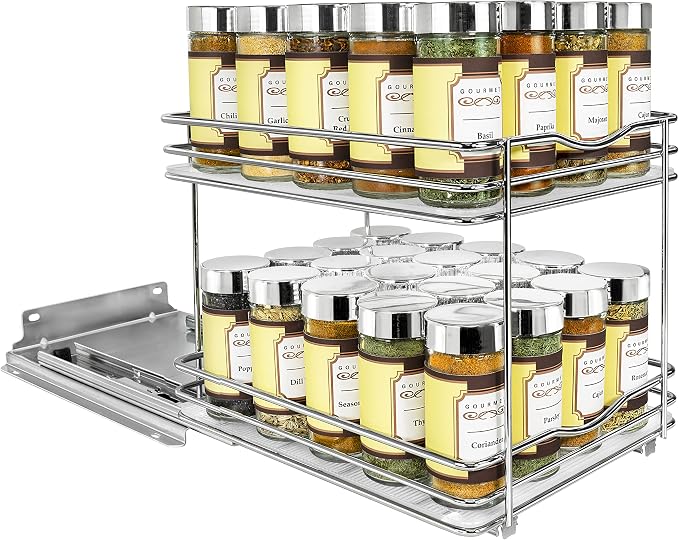 LYNK PROFESSIONAL® Pull Out Spice Organization for Cabinets - 8-3/8 inch Wide – Spice Rack for Inside Cabinets, Slide Out Spice Rack Organizer for cabinet – Pull Out Spice Rack, Sliding 2 Tier Chrome