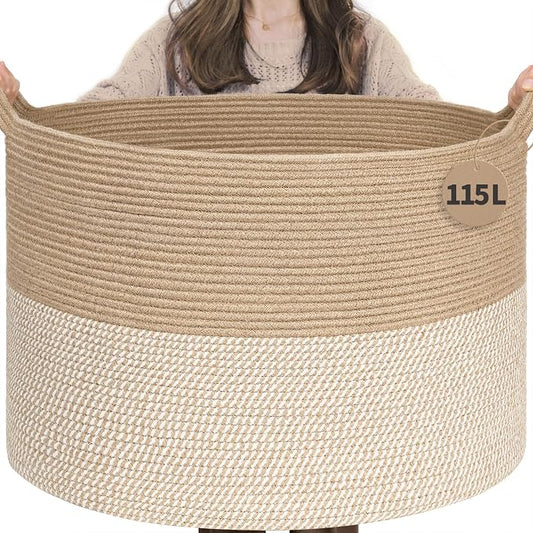 INDRESSME 115L Extra Large Woven Wicker Blanket Basket Living Room | Wicker baskets for organizing laundry, towel toys pillows. For living room bedroom or nursery decor. soft-touch with handles