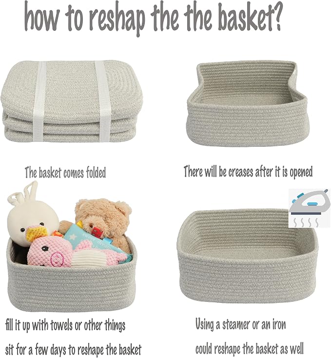 XUANGUO Small Woven Storage Baskets for Shelves, 12" x 8" x 5", Gray | Decorative rope storage bins for closets and toy storage; cute organizer baskets, empty gift baskets and nursery storage.