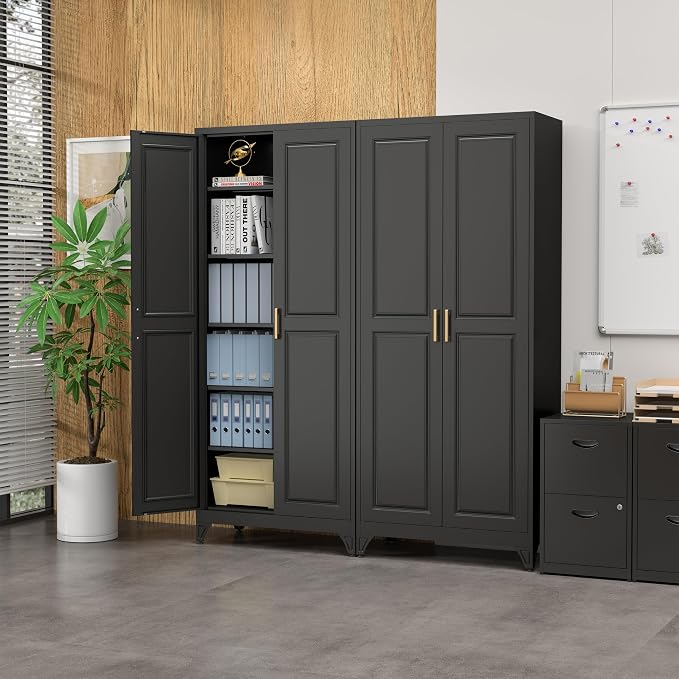 SteeLoong 75”Metal Pantry Storage Cabinet with Doors & 5 Adjustable Shelves | Kitchen Pantry Cabinet,Black Kitchen Cabinet with 2 Gold Handles,Tall Cabinet for Livingroom,Pantry, Bathroom,Kitchen,Garage