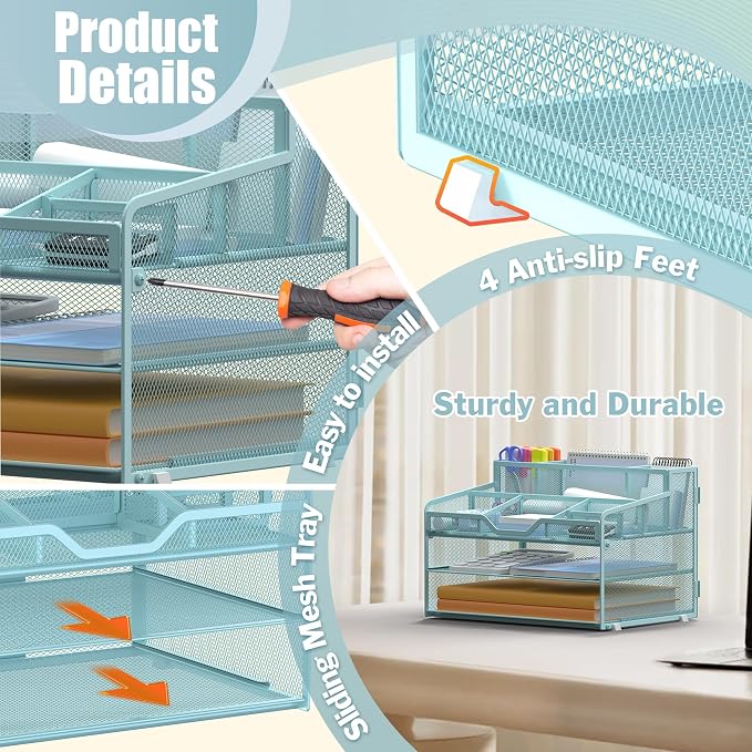 Docnest 3 Tier Mesh Desk Organizer with Letter Tray & Paper Sorter, Blue | Features 3 built-in pen holders & 5 adjustable compartments on top. Includes 4 non-slip rubber feet for desk protection