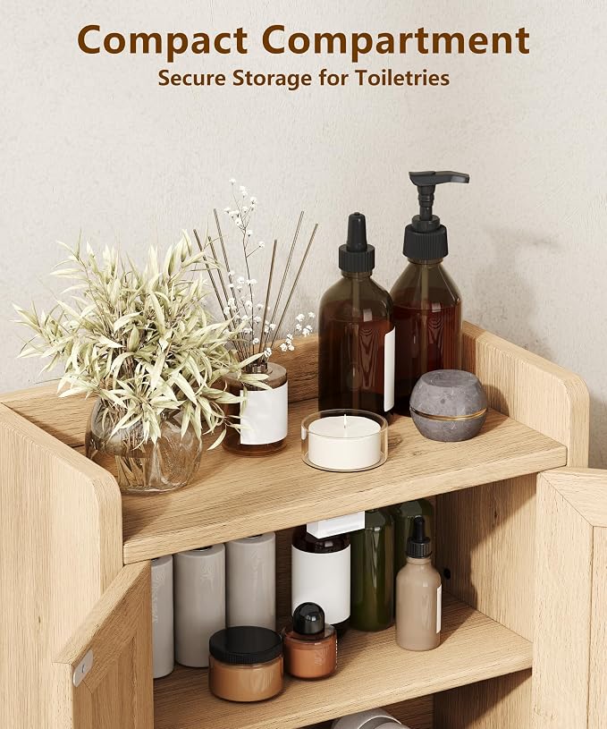 Akxomel 15" Rattan Small Bathroom Cabinet 4 Doors Adjustable Shelf Oak | Bathroom Organizer and Storage, Toilet Paper Floor Cabinet for Small Space