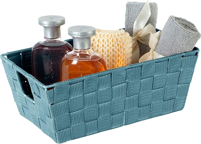 Simplify Small Shelf Woven Strap Tote | Decorative Storage Basket | Built in Handles | Organization | Closet | Bedroom | Bathroom | Nursery | Accessories | Toys | Gifts | 1 Pack | Sapphire