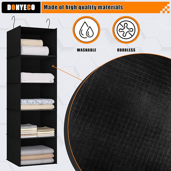 Hanging Closet Organizer 5-Shelf, Oxford Fabric Wardrobe Storage, Black | Easy-mount foldable design holds clothes, handbags, shoes & accessories; washable Oxford fabric, sturdy and space-saving.