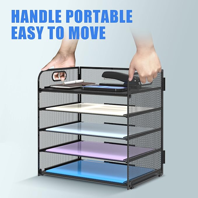 Supeasy 5 Trays Paper Organizer Letter Tray with Handle-Mesh Desk File Holders, Paper Sorter Desk Organizer for Office, Home, Classroom or School