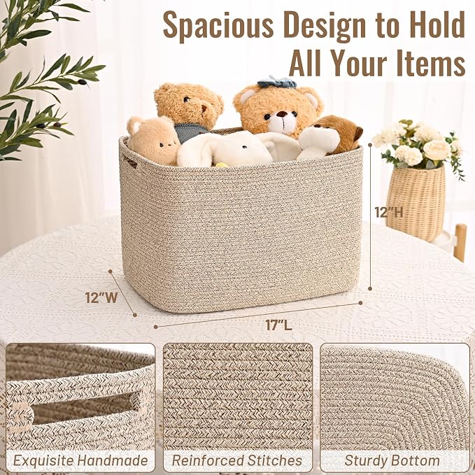 3 Pack Cube Storage Bin, 17”x12”x12” Cotton Rope Woven Baskets for Organizing Toys Clothes Towels, Square Gift Storage Baskets for Shelves, Nursery, Closet, Bathroom, Pantry (Jute)