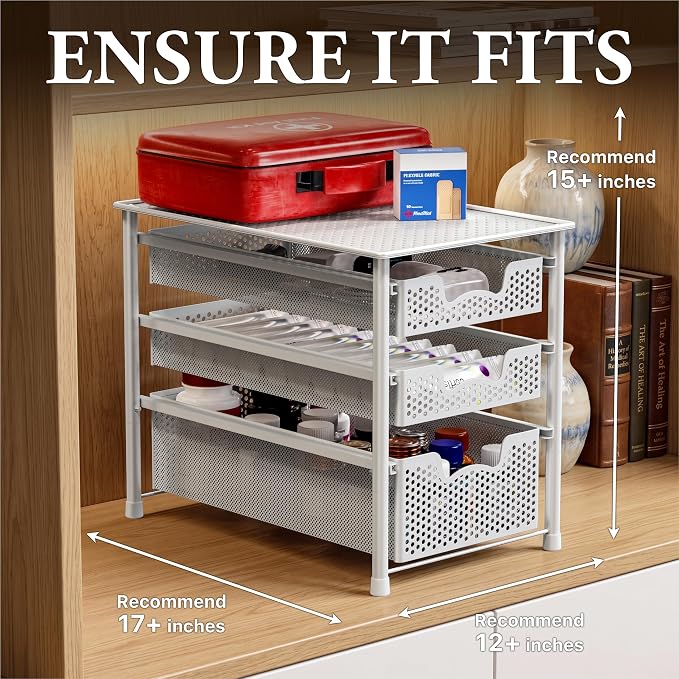 Simple Houseware 3 Tier White Alloy Steel Sliding Basket Organizer Drawer Cabinet | 3 Tier White Alloy Steel Sliding Basket Organizer Drawer Cabinet