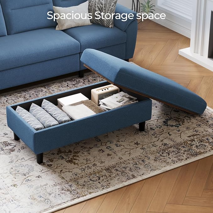 LINSY HOME 46 Inches Wide Storage Ottoman Bench, Linen Coffee Table Long Shoes Bench Footstool, Storage Chest, Foot Rest Stool, for The Living Room, Entryway and Family Room (Blue)