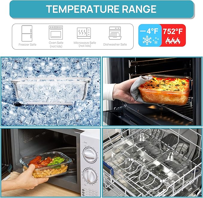 Vtopmart 2Pack 1860ml/63oz Large Glass Storage Containers With Lids, Grey | Meal Prep Food Container Set with Snap Airtight Lid, For Baking, Microwave, Oven, Leak Proof, Freezer, Dishwasher, BPA Free