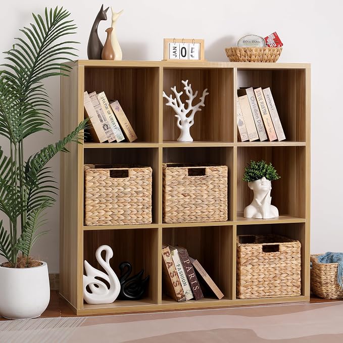 12x12x10in Water Hyacinth Storage Basket Large, Folding Cube Woven Wicker Storage Basket for Shelves, Pantry Baskets Organization and Storage, Kitchen Storage Baskets, Large Rattan Basket Set of 3