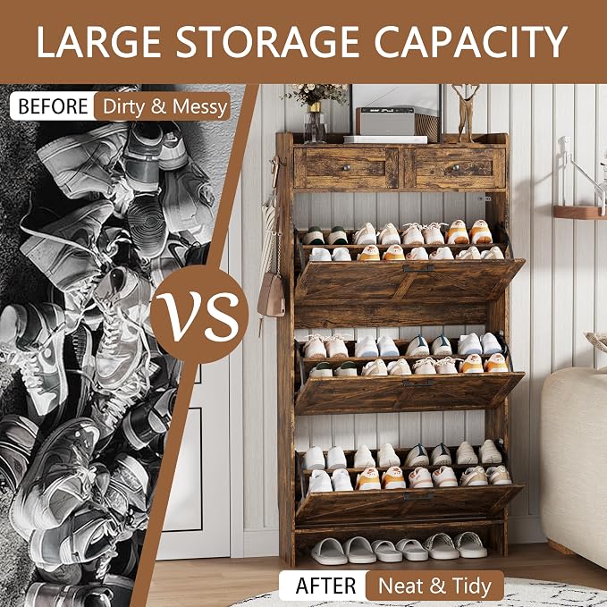 Shoe Cabinet with 3 Flip Drawers & 2 Top Drawers, 57" Tall Freestanding Narrow Wooden Shoe Storage Organizer for Entryway, Hidden Slim Shoe Rack for Front Door Entrance, Hallway, Living Room, Brown