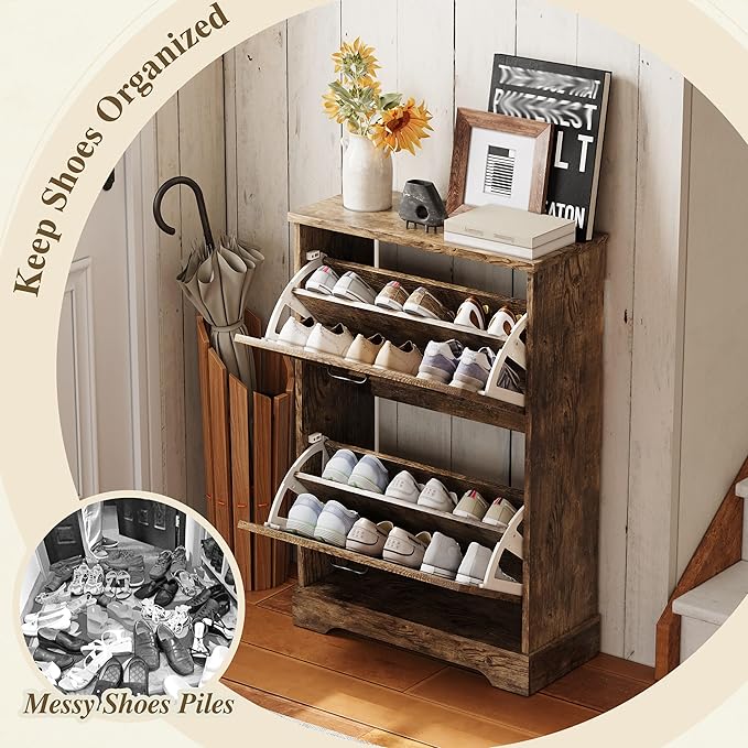 Semiocthome Farmhouse Shoe Storage Cabinet with 2 Flip Drawers, 23.6"(W) Freestanding Shoe Organizer with Barn Door and Metal Handles for Entryway, Corner Narrow Shoe Rack Cabinet - Rustic Brown
