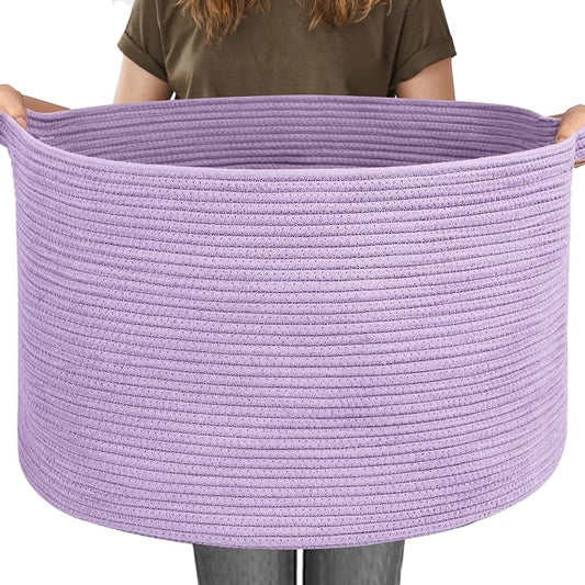 115L Extra Large Purple Storage Basket, 23.6" X 15.7" Jumbo Woven Cotton Rope Bin for Throw Blankets Pillows, Baby Laundry Basket, Dirty Clothes Organizer, Big Storage Box for Toys, Towels