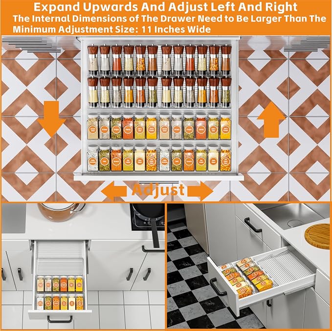 8 Pack Adjustable In Drawer Spice Organizer - Expandable From 11'' to 22'' - Acrylic Drawer Seasoning Organizer,Clear Spice Organization Tray for Cabinet Drawers Condiment,Nail Polish and Jar