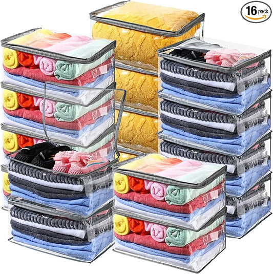 Windyun 16 Pack Clear Storage Bags with Zipper and Handle for Clothes Heavy Duty Plastic Blanket Clothes Moving Bags Cloth Bins for Blanket Comforter Clothing Toys (Grey Edge)