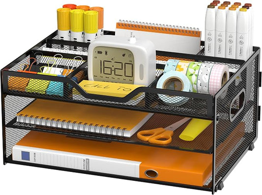 3 Tier Metal Desk Organizer with Magazine File Holder, Black | Space saving workspace desk file trays. Includes pencil holder and portable handles. Ideal for school and office supplies