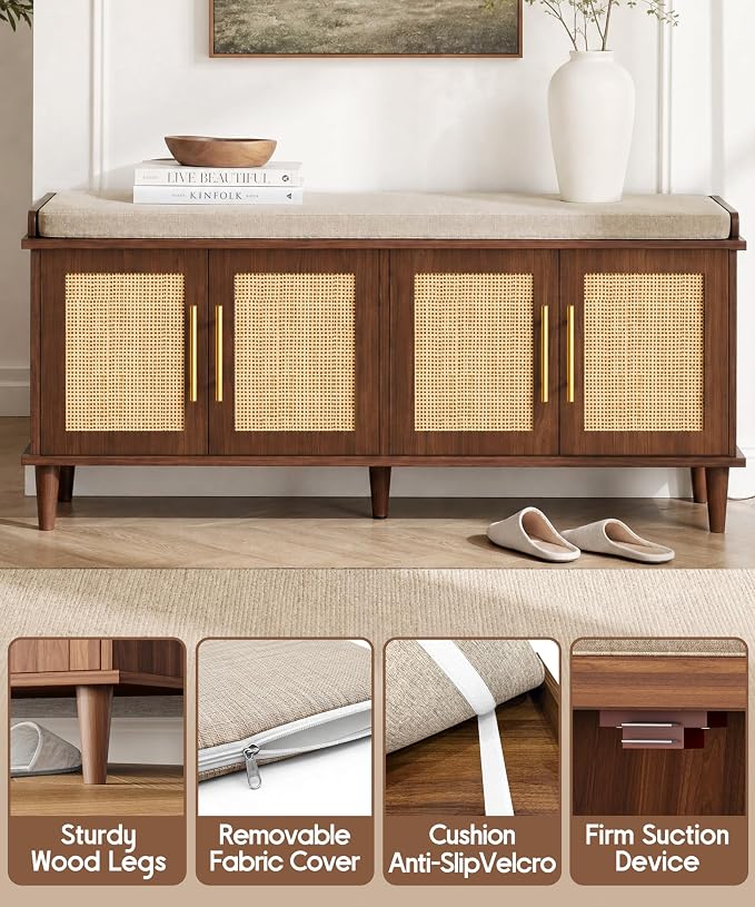 Akxomel 47.2" Rattan Shoe Storage Bench 4 Doors Entryway Bench Walnut | 2 Tier Shoe Bench with Padded Cushion, Adjustable Shelves and 4 Doors, Solid Wood Legs, for Hallway, Living Room, Bedroom