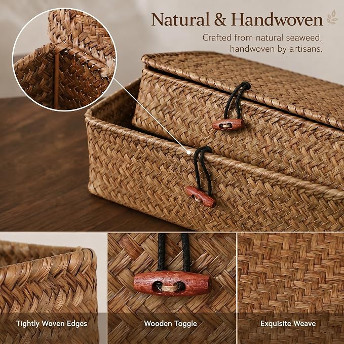 YANGQIHOME Set of 2 Seagrass Baskets with Lids, Rectangular Woven Storage Baskets, Natural Wicker Basket Boxes for Coffee Table, Shelf, Bathroom Counter & Closet Decor (Coffee, Set of 2)