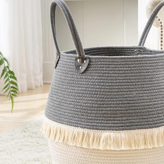 KAKAMAY Woven Baskets for Storage(17"x17"),Large Cotton Rope Woven Baby Laundry Hamper,Collapsible Laundry Basket, Blanket Basket for Organizing Living Room,Nursery,Pillows,Toy Chest(Grey)