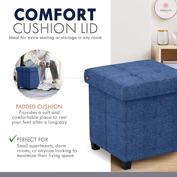Ornavo Home Square Cube Storage Ottoman with Legs, 15x15x15, Navy Blue | Foot Rest Stool Seat; Holds Up to 600 lbs; Ideal for Living Room, Bedroom, Home Office or Dorm