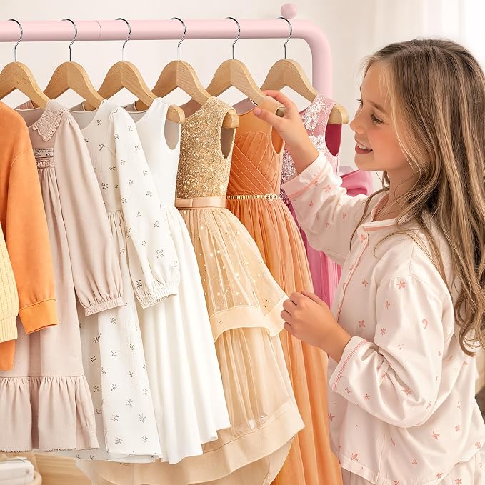mirolam Kids Clothing Rack - Dress Up Storage - Dress Up Rack for Little Girls - Small Kids Costume Wardrobe with 2 Fabric Shelves - Princess Room Bedroom Decor