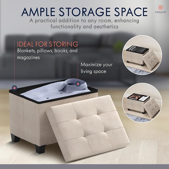 Ornavo Home Small Rectangle Storage Ottoman with Legs, 12x16x12, Beige | Foot Rest Stool Seat; Holds Up to 600 lbs; Ideal for Living Room, Bedroom, Home Office or Dorm