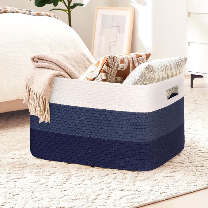 60L Woven Laundry Basket Hamper with Handles, Gradient Blue | collapsible wicker hamper, storage for dirty clothes, toys, blankets, gifts, living room, bedroom, bathroom, 21"x15"x11"