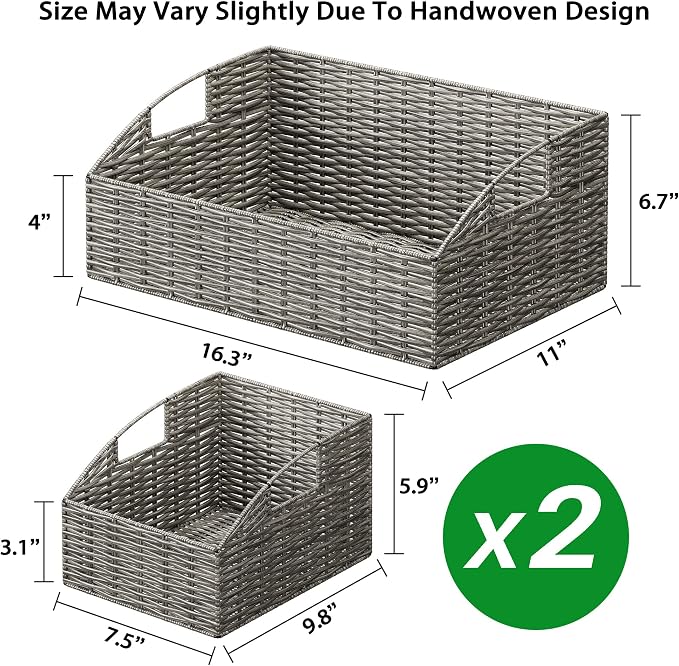 Pantry Baskets Organization, Wicker Storage Bin Shelf Grey | Handwoven Pantry Organizers and Storage with Built-in Handles, Laundryroom Organization Storage Bins for Snack Cans