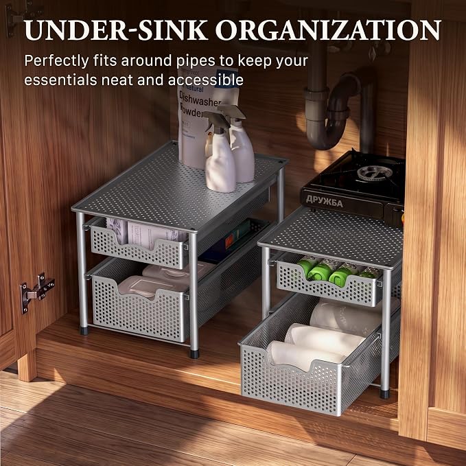 Simple Houseware Stackable 2 Tier Sliding Basket Organizer Drawer, Silver