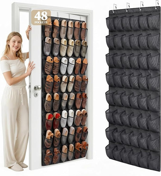 48 Pockets Over the Door Shoe Organizer, Large Mesh Hanging Shoe Rack, 6-Column Heavy Duty Shoe Storage for Sneakers and Heels, Behind Door Holder for Entryway Bedroom Dorm College, Black