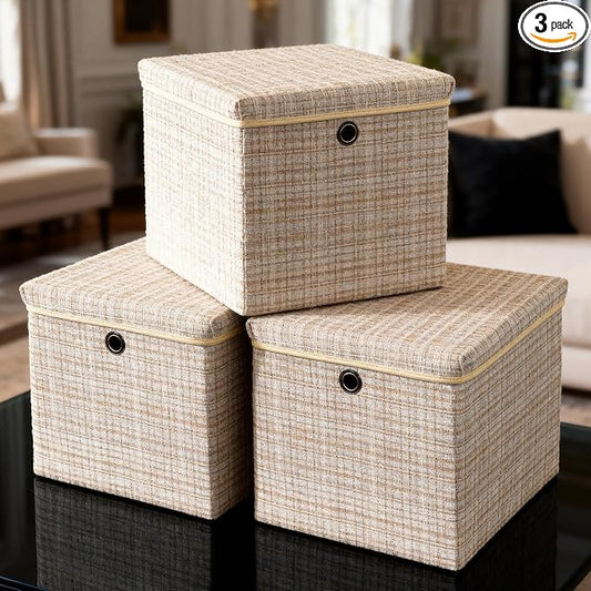 modscape 12x12x12 Collapsible Fabric Cube Storage Bins with Lids | Clothes storage bins for shelves, closet, bedroom. Decorative boxes with lids, treasure box for classroom(Shining Beige, 3)