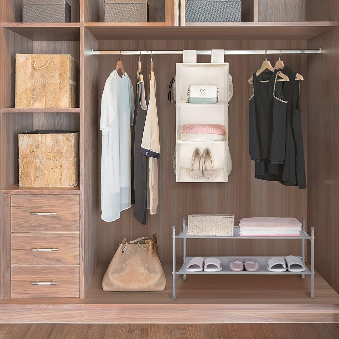 MAX Houser 3-Shelf Hanging Closet Organizer with 2 Velcro, Beige | Hanging Sweater Organizer, Foldable Hanging Shelves for Closet